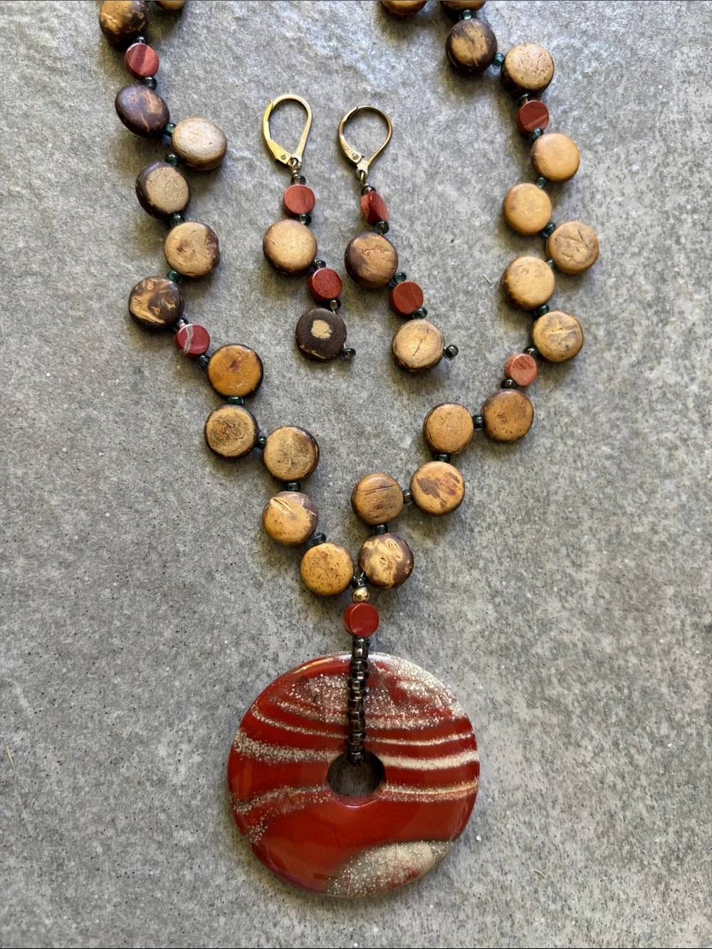 Handmade Red Jasper Brown and Red Beaded Necklace with Matching Earrings